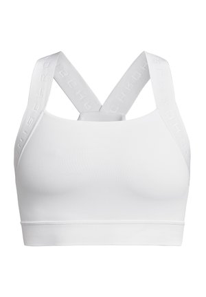 Biały stanik sportowy z szerokimi ramiączkami, ozdobiony wytłoczonym logo, o gładkiej teksturze i dopasowanym kroju. Ramiączka krzyżują się z tyłu dla lepszego wsparcia.