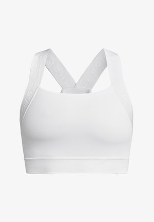 Biały stanik sportowy z szerokimi ramiączkami, ozdobiony wytłoczonym logo, o gładkiej teksturze i dopasowanym kroju. Ramiączka krzyżują się z tyłu dla lepszego wsparcia.