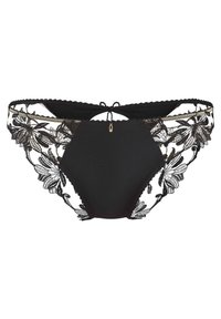 Culotte noire en dentelle et tissu avec des détails en dentelle florale sur les côtés, bords festonnés et un petit accent en métal doré à l'arrière.