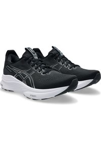 Schwarze Sportschuhe mit einem atmungsaktiven Mesh-Obermaterial, reflektierenden Akzenten, weißer Zwischensohle und strukturiertem schwarzen Gummiaußensohle.
