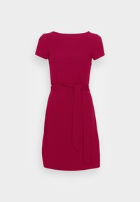 Kurzärmliges, knielanges Kleid in einfarbigem Fuchsia, mit runder Halsausschnitt und einem passenden Stoffgürtel in der Taille für eine taillierte Passform.