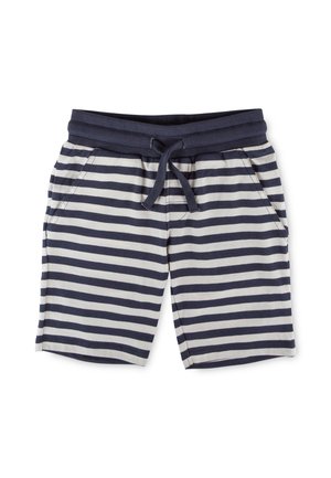 Marineblaue und weiße, horizontal gestreifte Shorts mit einem marineblauen, gerippten Bund und einem vorderen Kordelzug, mit Seitentaschen.