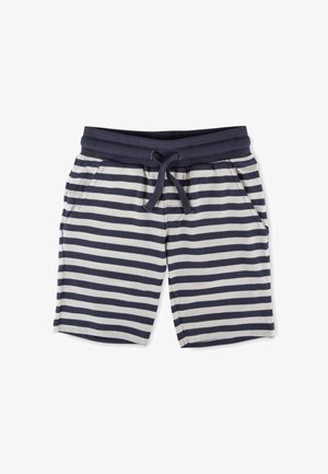Marineblaue und weiße, horizontal gestreifte Shorts mit einem marineblauen, gerippten Bund und einem vorderen Kordelzug, mit Seitentaschen.
