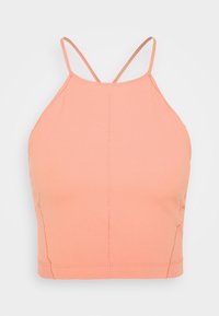 Halter top v broskvové barvě, vyrobený z elastického materiálu. Disponuje tenkými ramínky, přiléhavým střihem a minimalistickými detaily šití.