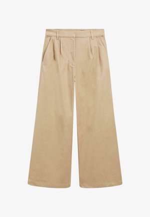 Beige wide-leg trousers with a smooth texture, featuring front pleats and a flat waistband. Suitable for casual or semi-formal wear.
