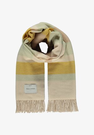 Écharpe en laine douce avec extrémités à franges, présentant de larges rayures horizontales beige, jaune moutarde et vert pâle, étiquette de marque attachée.