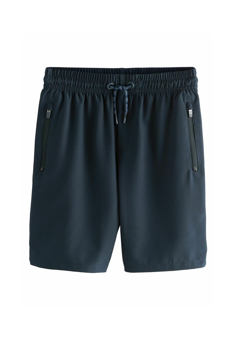 Navy blå atletikshorts lavet af glat stof, med en elastisk talje med snoretræk og to lynlåslommer på siderne.