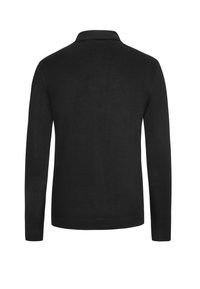 Maglione polo a maniche lunghe nero con una morbida texture, polsini e orlo a coste, e un design del colletto classico. La vista posteriore mette in risalto linee pulite.