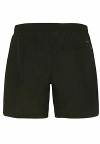 Zwarte zwembroek voor mannen met elastische tailleband en ritsvak aan de achterkant aan de rechterkant.