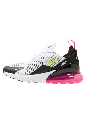 Witte en zwarte Nike Air Max 270 sneaker met neon groene swooshes en een halfdoorzichtige roze luchtkussenzool.