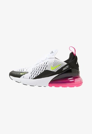 Biało-czarne buty Nike Air Max 270 z neonowo zielonymi logo i przezroczystą, różową podeszwą z poduszką powietrzną.