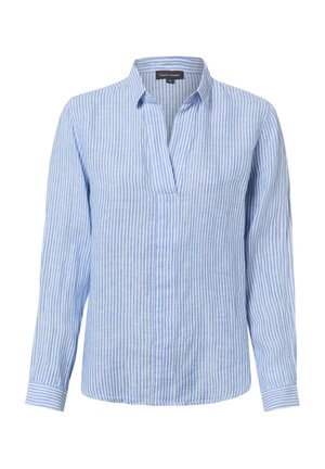 Hellblau-weiß gestreifte Bluse mit langen Ärmeln, V-Ausschnitt und schmalem Kragen, Größe 36.