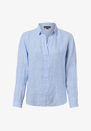 Damska bluzka z długim rękawem w pionowe, jasnoniebieskie i białe paski, z dekoltem w kształcie litery V i wąskim kołnierzem, rozmiar 36.