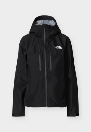 Sort vandtæt jakke med hætte, fuld lynlås foran, to lynlåslommer på brystet, justerbare manchetter og hvidt The North Face-logo på brystet.