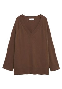 Brązowy dziany sweter z głębokim dekoltem w serek, długimi rękawami i prążkowanymi krawędziami. Gładka faktura, luźny krój, bez widocznych wzorów.