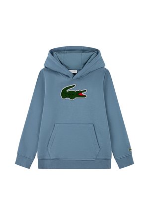 Modra kapucarica z žepom na sprednji strani in velikim zelenim logotipom krokodila na prsih.