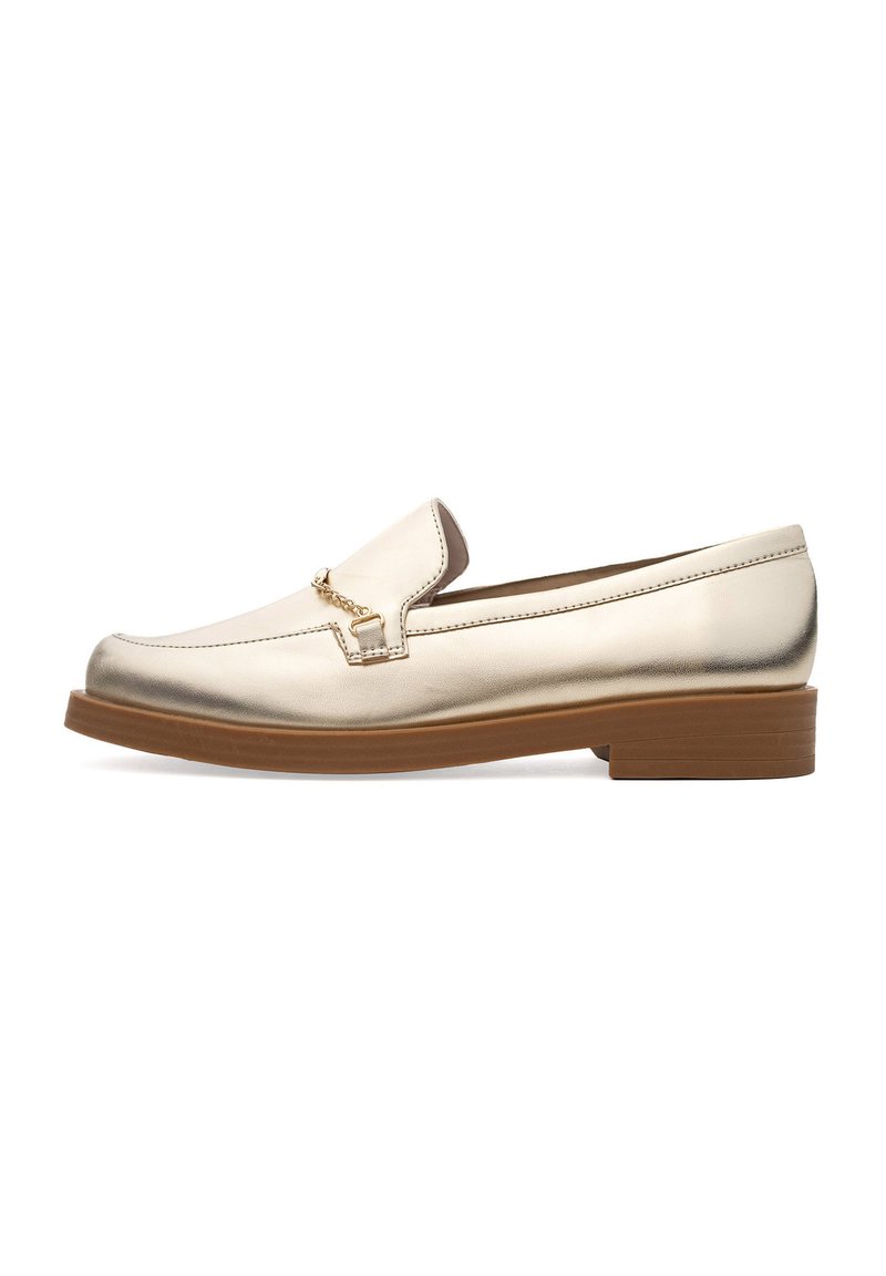 Gold leather loafers with a rounded toe, featuring a small decorative chain detail and a low, brown block heel. Smooth texture, minimal design.
