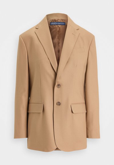 béžový blazer vyrobený z hladké tkaniny, s jednobotonovým designem, dvěma předními kapsami a dvěma knoflíky. Klopové límce a čisté linie.