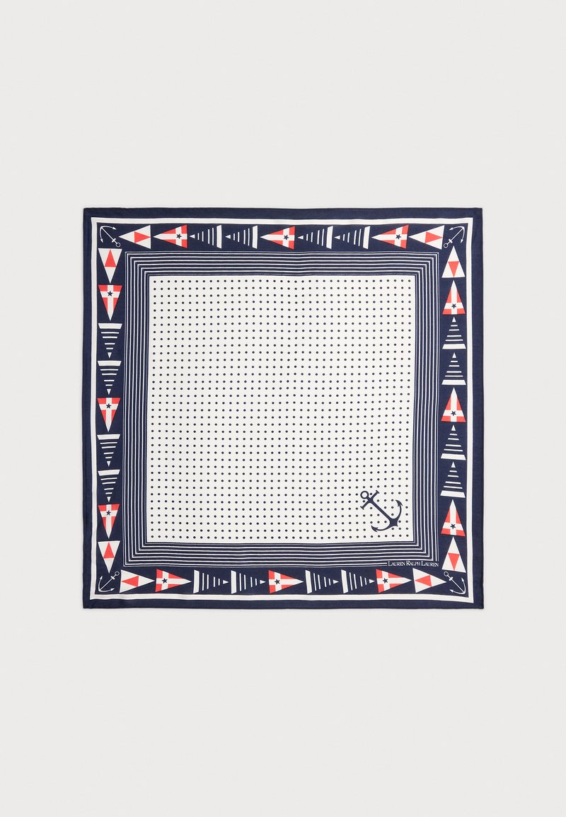 Tumši zils zīda šalle ar ģeometriskiem sarkaniem un baltiem rakstiem, punktiņiem un enkura dizainu vienā stūrī. Kvadrātveida forma, gluda tekstūra.