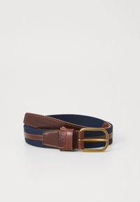 Navy elastic belt with brown leather accents, featuring a gold metal buckle and contrasting stitching, highlighted with a textured leather strap.