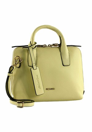 Light yellow leather handbag with two handles, detachable shoulder strap, zipper closure, and a rectangular tag embossed with "Picard".