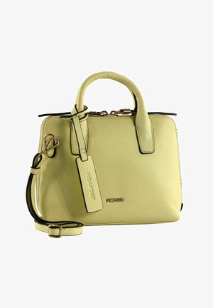 Sac à main en cuir jaune clair avec deux poignées, bandoulière amovible, fermeture éclair et une étiquette rectangulaire embossée du mot "Picard".