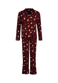 Conjunto de pijama burdeos hecho de una tela suave, con un patrón repetido de bellotas y estrellas. Manga larga y pantalones sueltos con una textura suave.