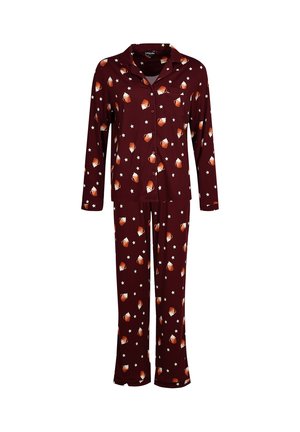 Conjunto de pijama burdeos hecho de una tela suave, con un patrón repetido de bellotas y estrellas. Manga larga y pantalones sueltos con una textura suave.