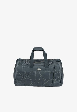 Czarna torba typu duffel z jasnymi, zakrzywionymi wzorami linii, podwójnymi uchwytami z wyściełanym uchwytem, przednią kieszenią i bocznymi komorami na zamek.