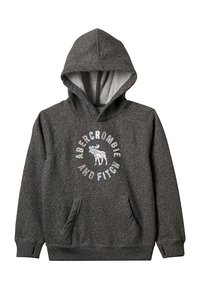 Grå hættetrøje med kengurulomme, med et rundt logo i iriserende bogstaver og et elgdesign i midten.