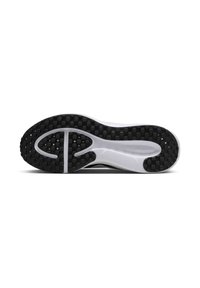 Suela de zapato con una superficie de goma negra texturizada, que presenta un acento de diseño blanco y un patrón de relieve para agarre y tracción.