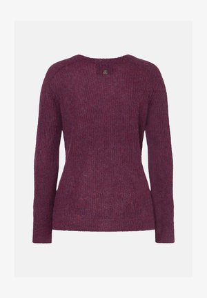 Langarm-Pullover, strukturiert gestrickt in tiefem Burgunderrot, mit Rundhalsausschnitt und einem kleinen Logoetikett auf der Rückseite.