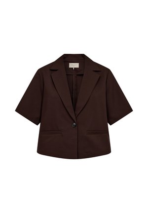Donkerbruine crop blazer met korte mouwen, één voorste knoop, notched revers en twee voorzakken met bies.