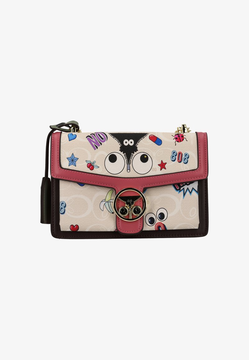 Geantă cu clapetă, cu modele grafice jucăușe pe un fundal crem. Prezintă accente roz, o închizătoare circulară și o varietate de motive colorate.