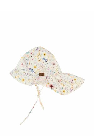 Floral-patterned sun hat in light fabric, featuring a wide brim, adjustable chin strap, and a small brown tag on one side.