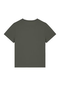 Olivegrünes T-Shirt mit kurzen Ärmeln aus weichem Material, mit klassischem Rundhalsausschnitt und geradem Saum. Minimalistisches Design ohne Grafiken.