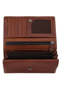 Offenes braunes Lederportemonnaie mit mehreren Kartenfächern, einem durchsichtigen Ausweisfenster, einem Reißverschluss-Münzfach und zwei Hauptfächern.