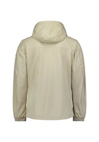 Beige hoodie met een gladde textuur, elastische manchetten en een eenvoudig ontwerp. Geen zichtbare logo's of patronen op de achterkant.