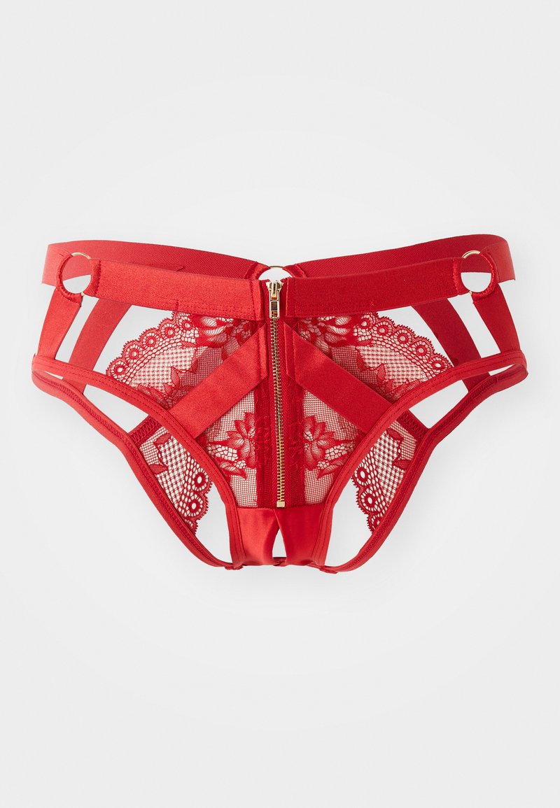 Rote Dessous aus einer Kombination von glattem Satin und floralem Spitzenstoff. Mit einem Reißverschluss, einem trägerlosen Design und runden Metallakzenten.