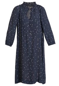 Námořnická modrá šaty s bílými puntíky, lehká tkanina, dlouhé rukávy, nařasený výstřih a uvolněný střih s kulatým výstřihem.