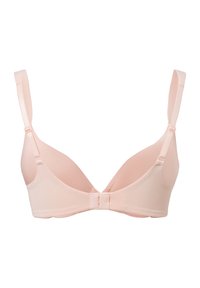 Roze driehoekige beha met verstelbare bandjes, subtiele glans, zachte stof en een haak-en-oogsluiting aan de achterkant in het midden. Geen voering zichtbaar.