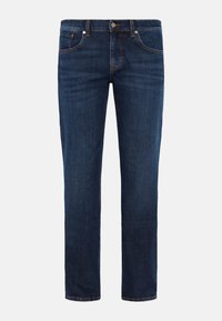Jeans di denim blu scuro con vestibilità dritta, caratterizzati da cinque tasche, zip frontale e cuciture accentuate visibili sulle cuciture.