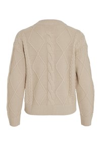 Pull en tricot beige avec des motifs de diamants texturés, des accents en torsades et des poignets et un ourlet côtelés. Tissu épais et confortable avec un col rond.
