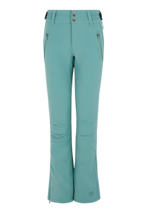 Turquoise skibroek gemaakt van softshellmateriaal, met een uitlopende pijpdesign, twee ritszakken en een dubbele sluiting aan de taille.