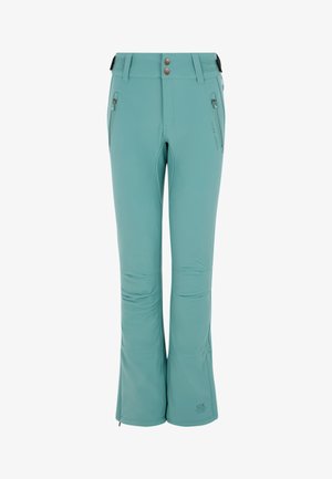 Pantalon de ski turquoise en matériau softshell, avec une conception à jambe évasée, deux poches zippées et une fermeture à deux boutons à la taille.
