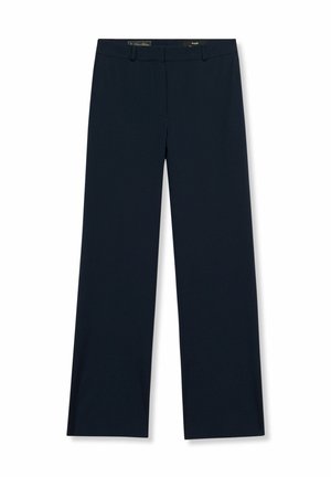 Marineblaue, gerade geschnittene Anzughose mit Schlaufen für einen Gürtel und einem Frontreißverschluss, flach auf einem weißen Hintergrund ausgelegt.