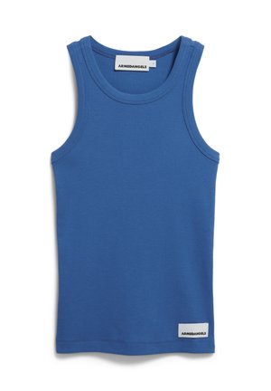 Blaues Baumwoll-Tanktop mit gerippter Textur, rundem Ausschnitt und weiten Armausschnitten. Verfügt über ein kleines Etikett am Saum mit dem Markennamen.