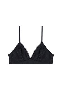 Bralette triangulaire noir en tissu scintillant, avec des fines bretelles et une finition en dentelle le long du décolleté, offrant une texture lisse.