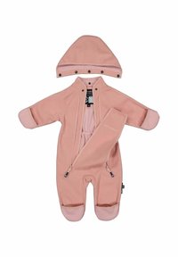 Vaaleanpunainen fleece-talvihaalari irrotettavalla hupulla, jossa on vetoketjut edessä ja jaloissa, ribbireunat ja eriväriset vaaleanpunaiset yksityiskohdat.