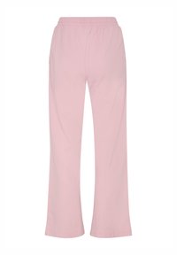 Light pink, wide-leg pants made from soft fabric with an elastic waistband and two side pockets. Features a smooth texture and straight cut.